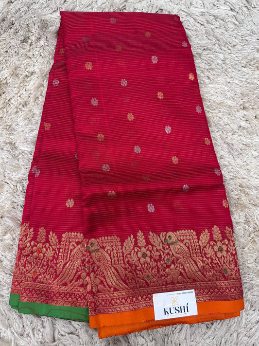 Red Chanderi pattu saree with Zari lines