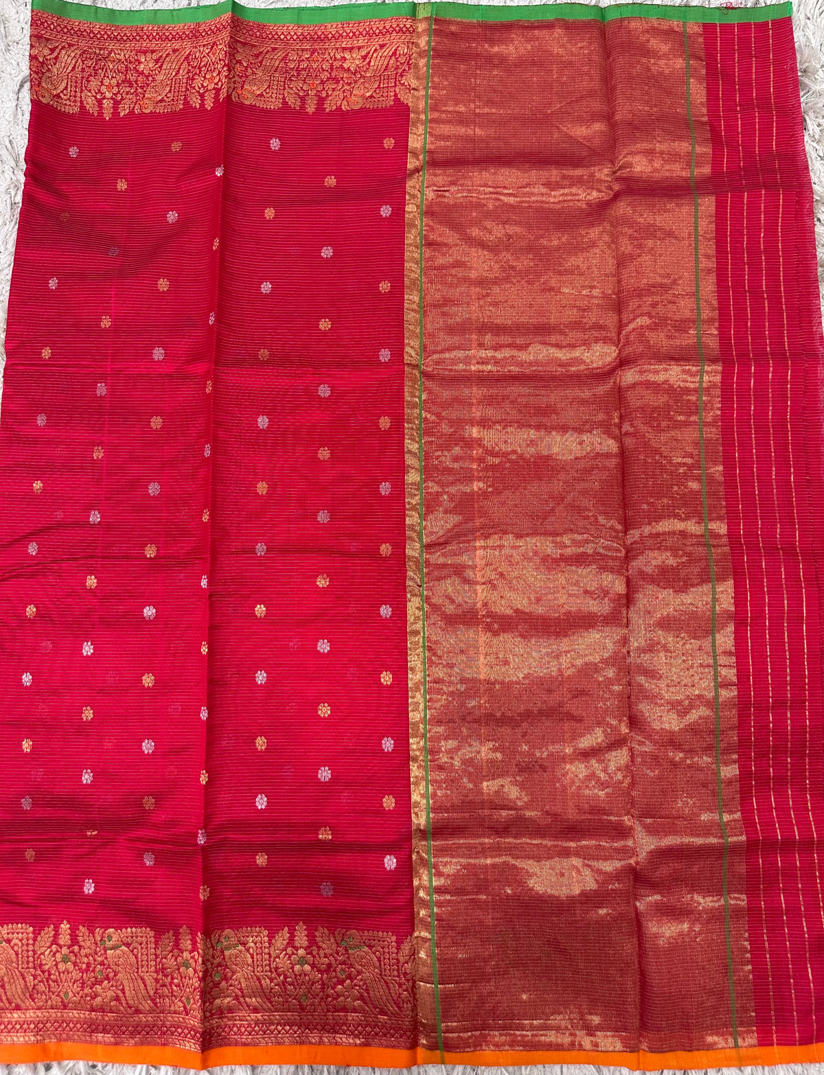 Red Chanderi pattu saree with Zari lines
