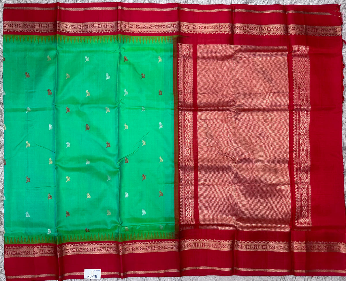 Green with Red Venkatgiri Pattu Gap Border Saree
