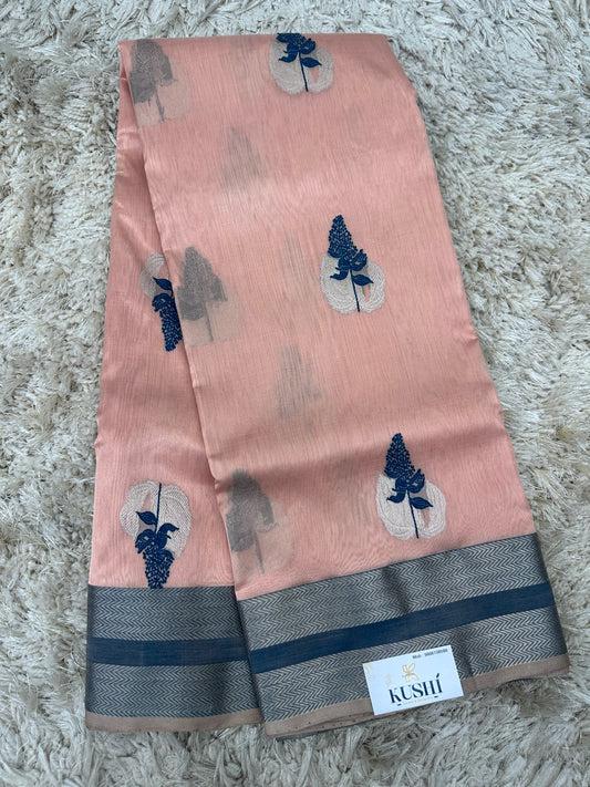 Peach Chanderi pattu saree with Kanchi border
