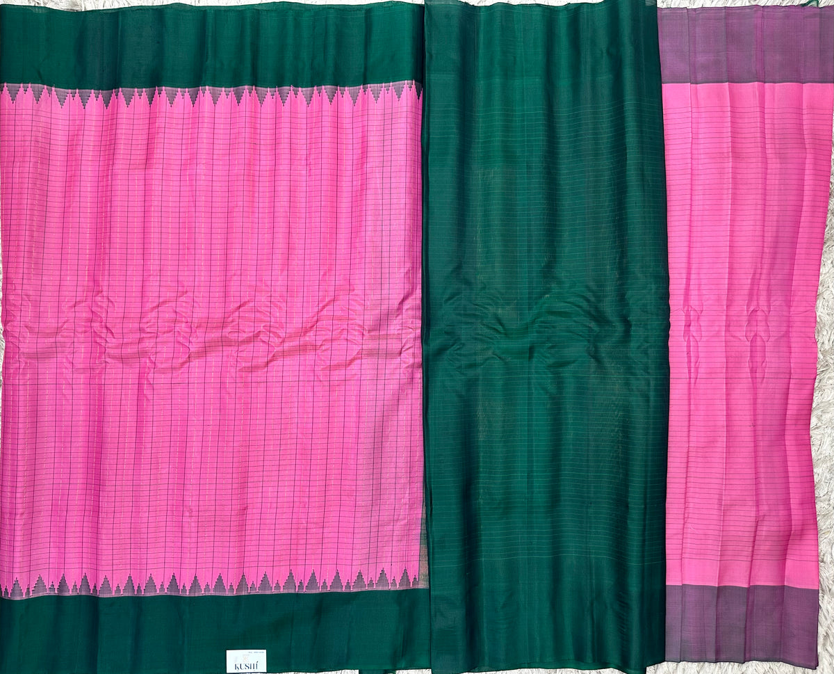 Pink checks with green plain border Gadwal pattu saree
