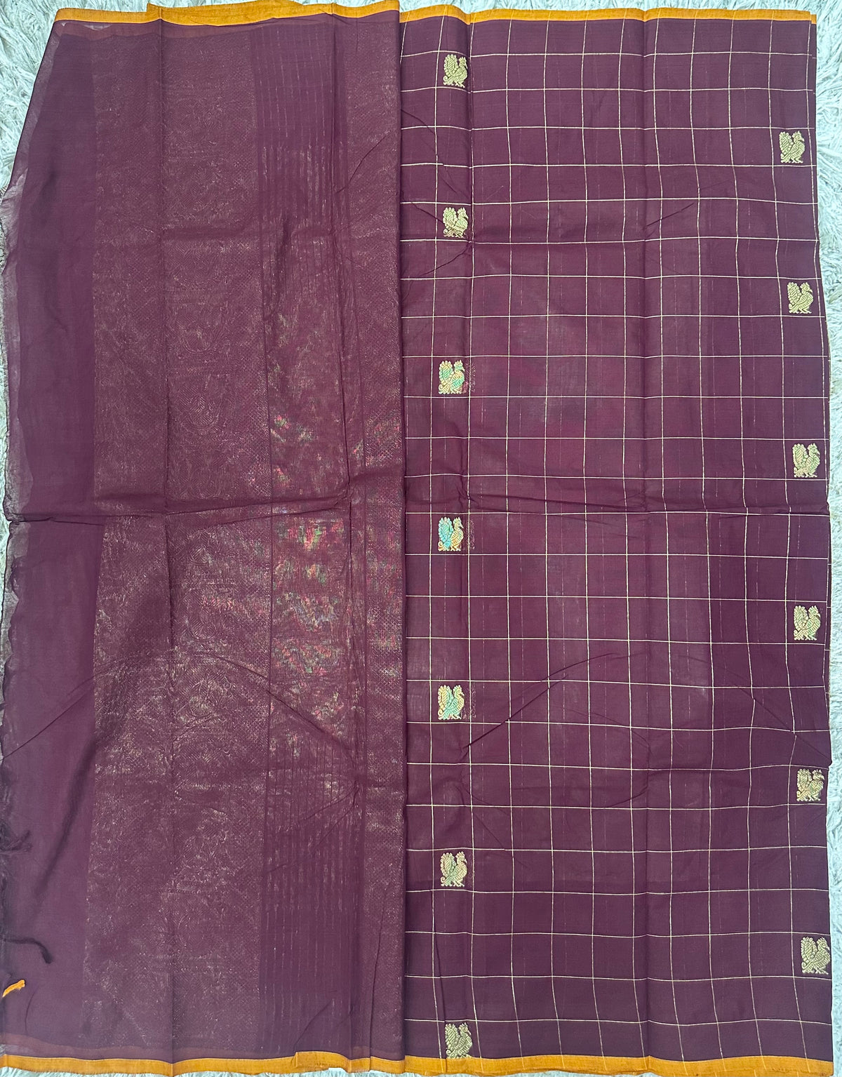 Brown Checks Kanchi Cotton Saree with Rich Pallu