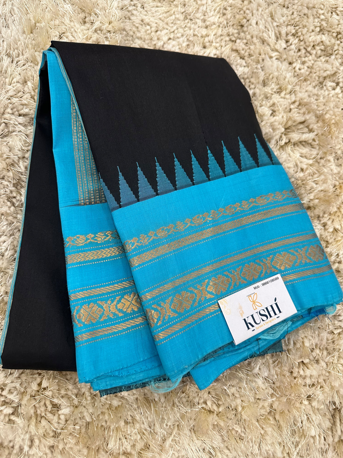 Gadwal pattu black plain saree with gap border