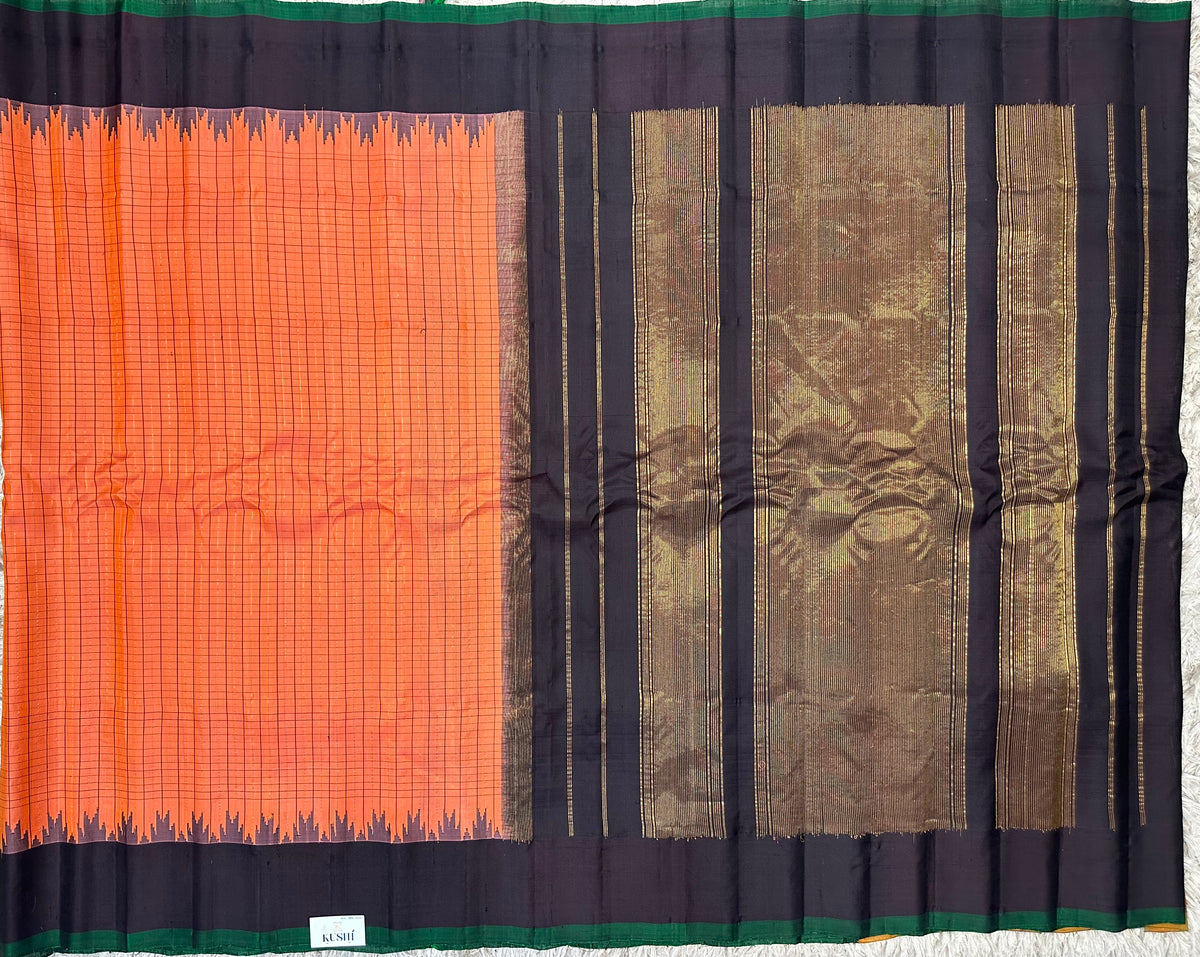 Gadwal pattu checks with plain temple border saree