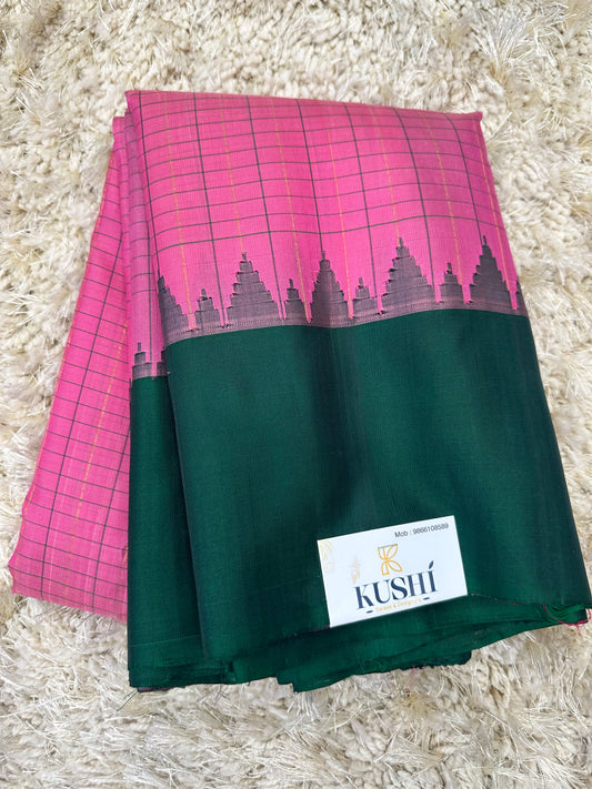 Pink checks with green plain border Gadwal pattu saree