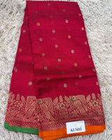 Red Chanderi pattu saree with Zari lines
