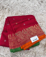 Red Chanderi pattu saree with Zari lines
