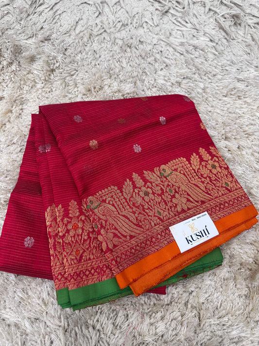 Red Chanderi pattu saree with Zari lines