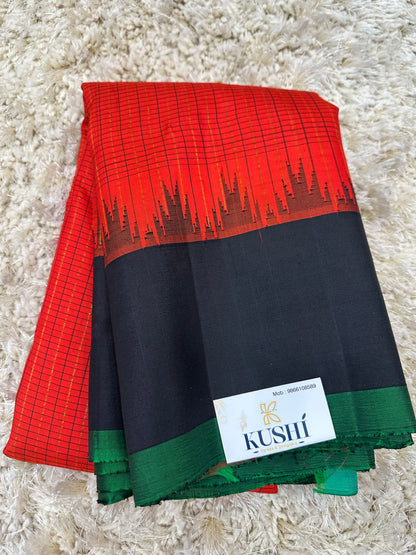 Red checks with plain border Gadwal pattu saree