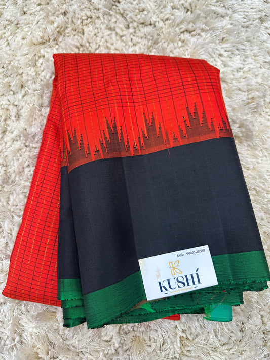 Red checks with plain border Gadwal pattu saree