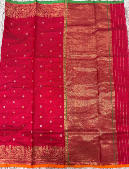 Red Chanderi pattu saree with Zari lines