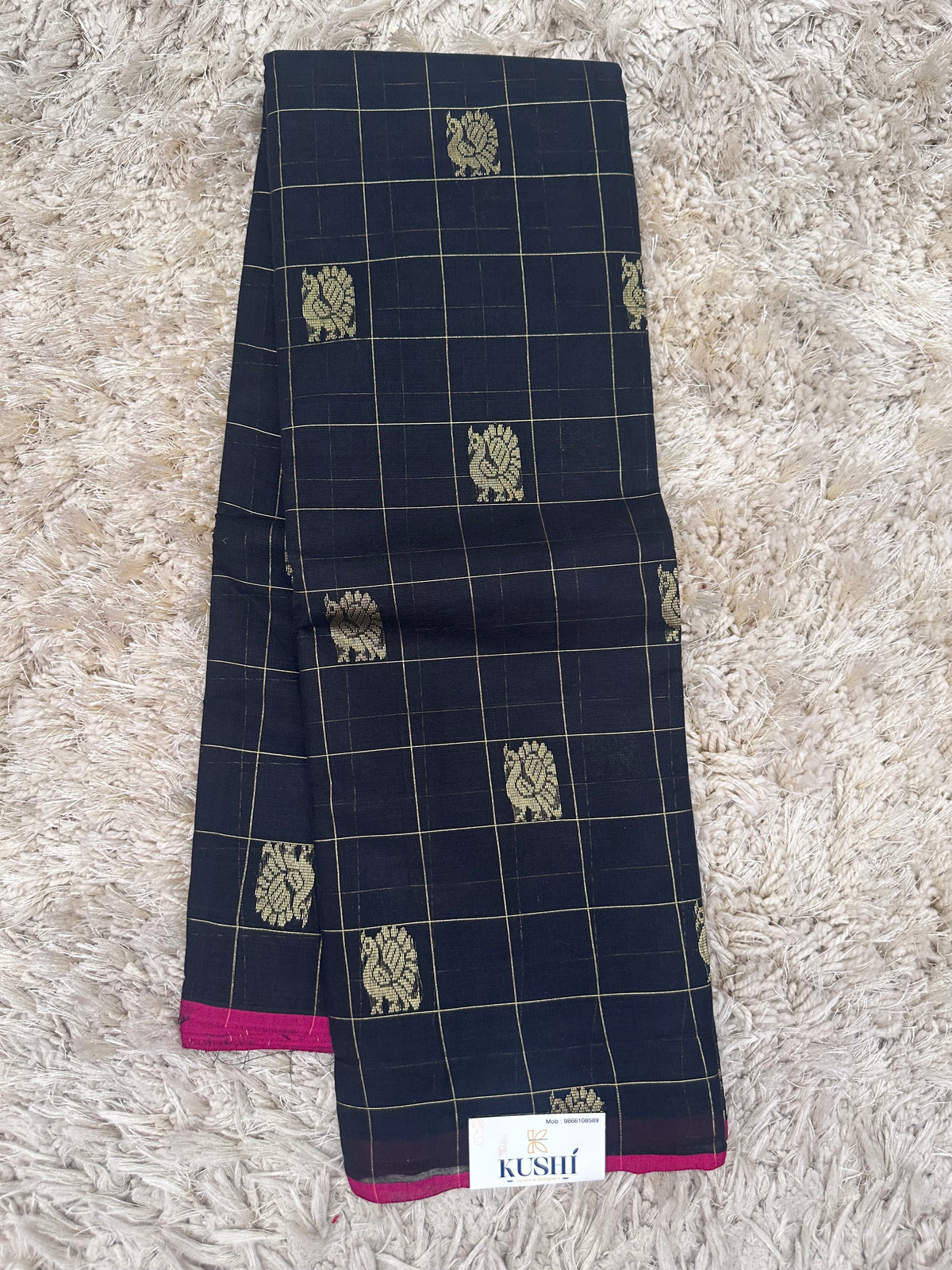Black Checks Kanchi Wotton Saree with Rich Pallu