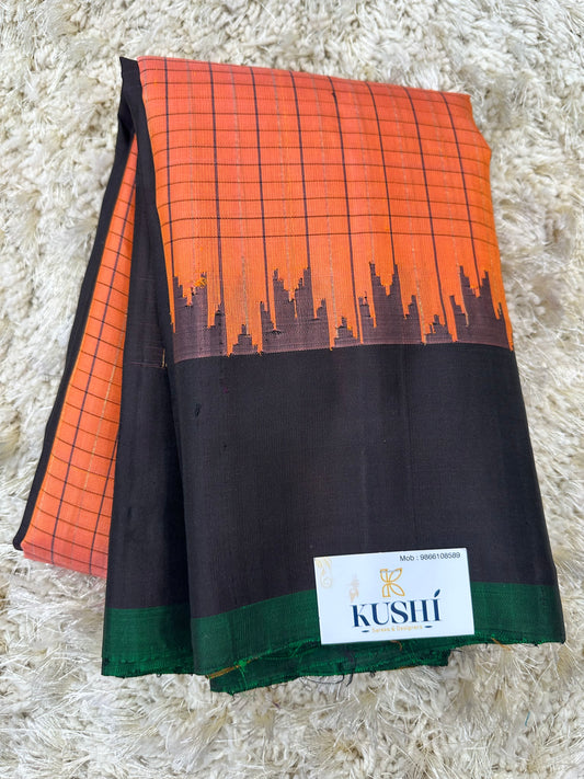 Gadwal pattu checks with plain temple border saree