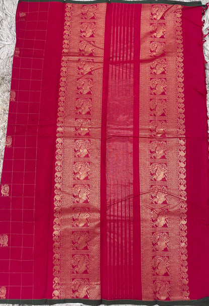 Pink Checks Kanchi Cotton Saree with Rich Pallu
