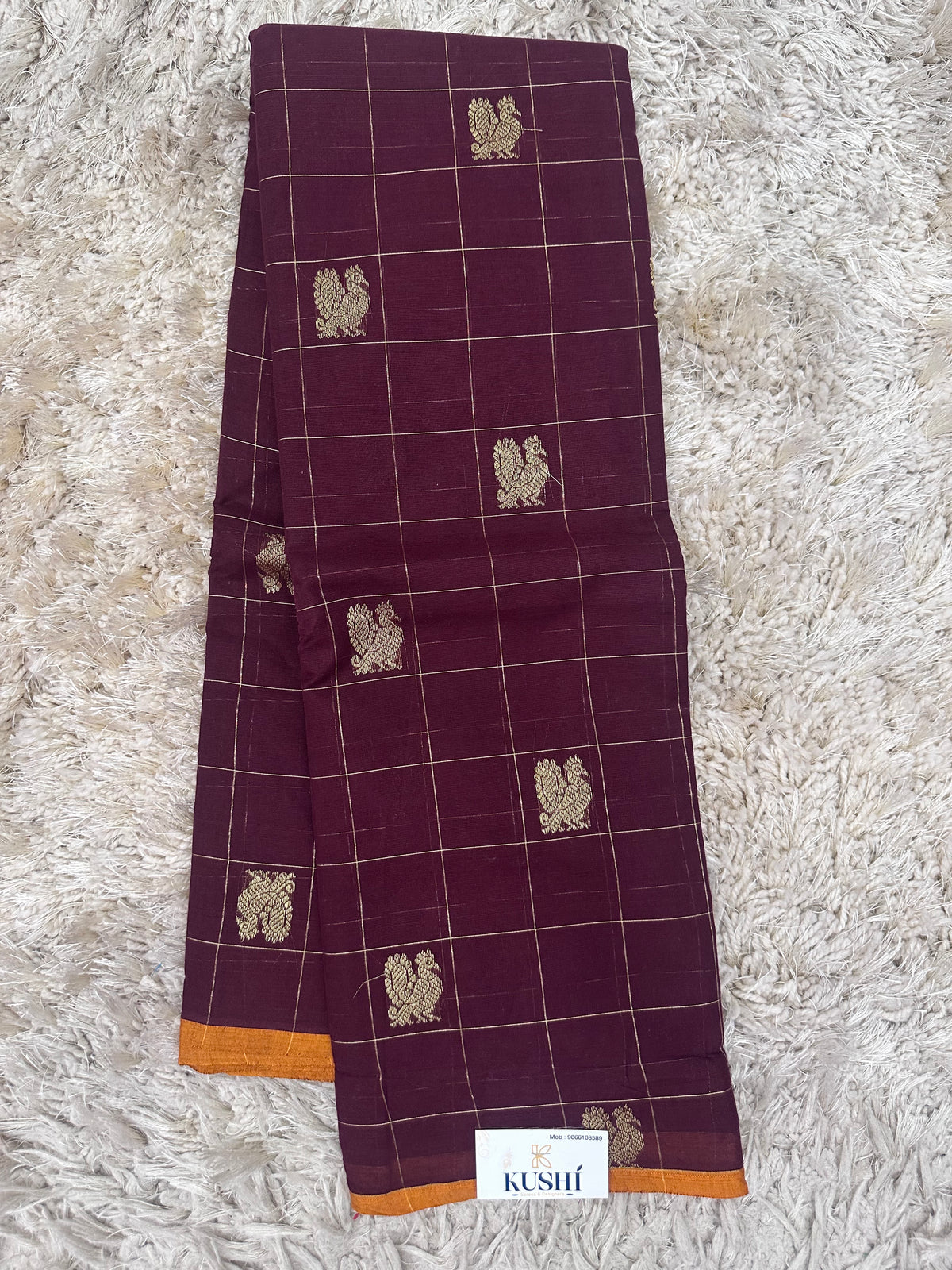 Brown Checks Kanchi Cotton Saree with Rich Pallu