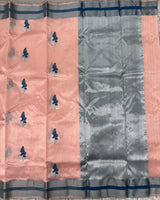 Peach Chanderi pattu saree with Kanchi border