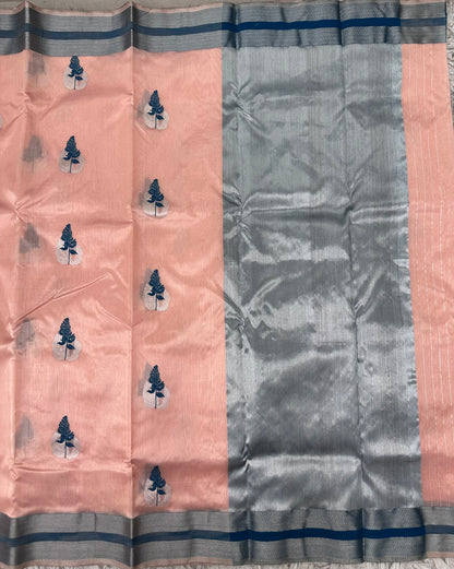 Peach Chanderi pattu saree with Kanchi border