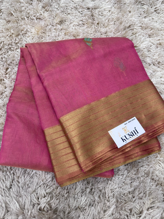 Pink Chanderi Tissue Pattu Saree with Kanchi Border