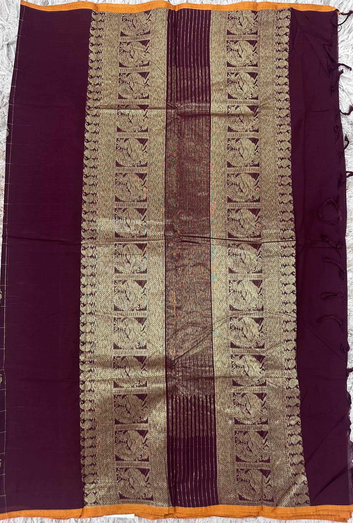 Brown Checks Kanchi Cotton Saree with Rich Pallu
