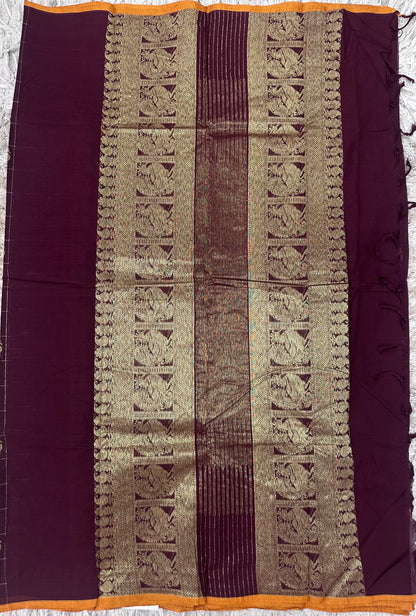 Brown Checks Kanchi Cotton Saree with Rich Pallu
