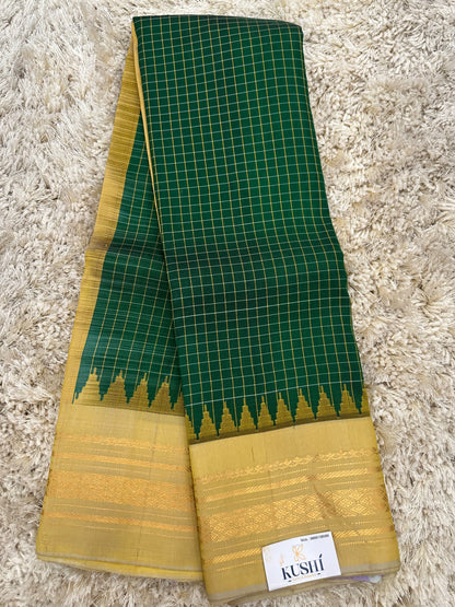 Gadwal Pattu Green Saree with Thread Checks