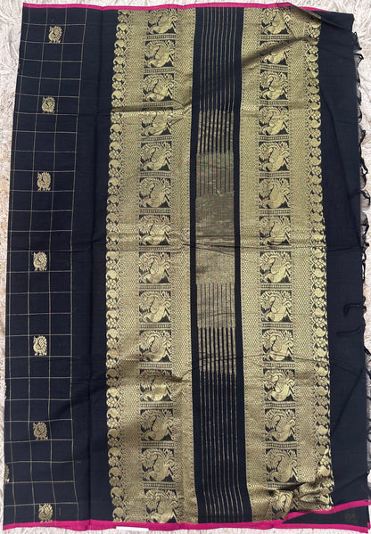 Black Checks Kanchi Wotton Saree with Rich Pallu