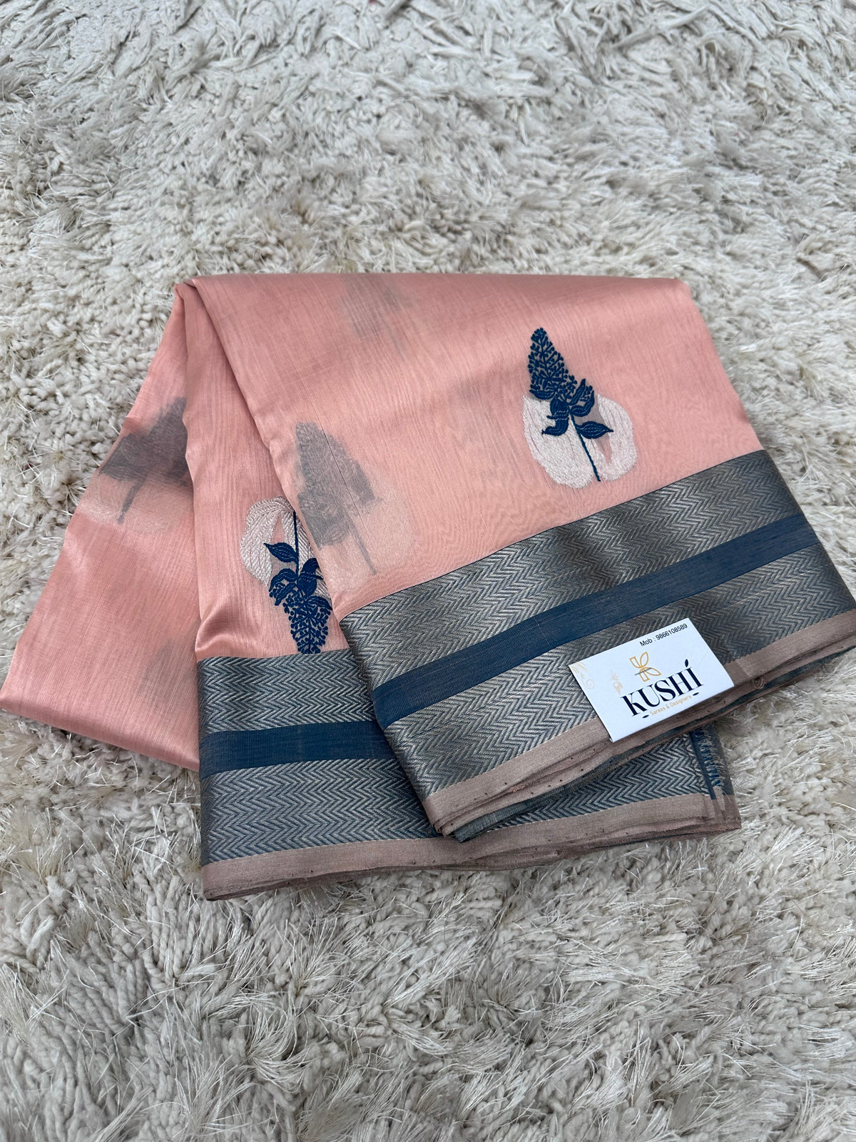 Peach Chanderi pattu saree with Kanchi border