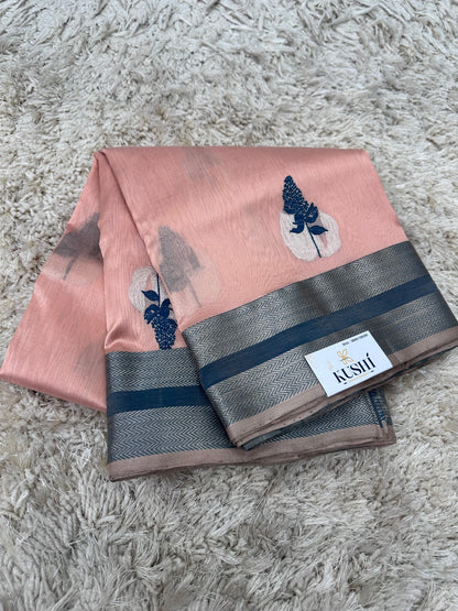 Peach Chanderi pattu saree with Kanchi border