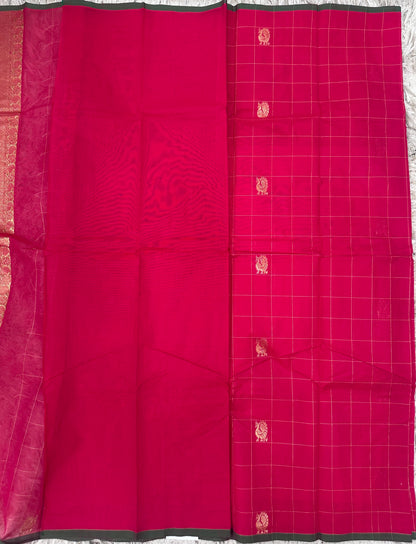 Pink Checks Kanchi Cotton Saree with Rich Pallu