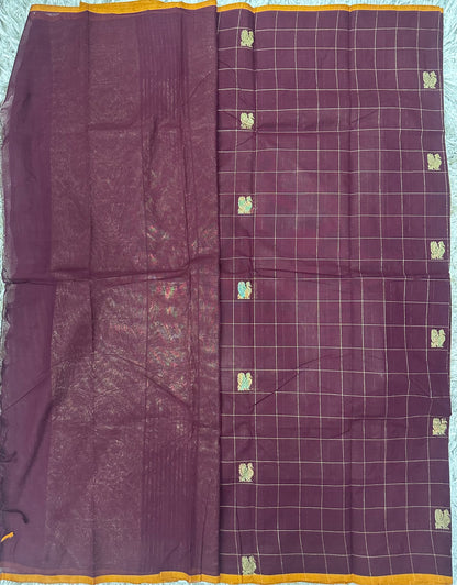 Brown Checks Kanchi Cotton Saree with Rich Pallu