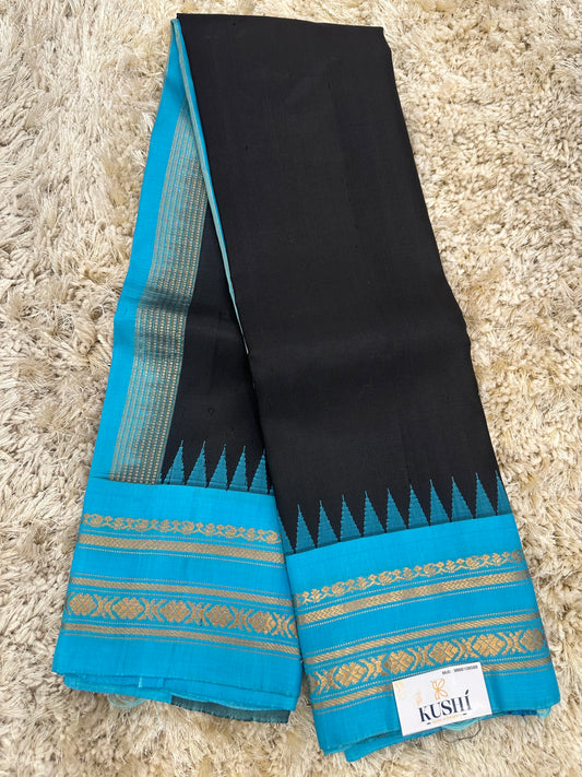 Gadwal pattu black plain saree with gap border 